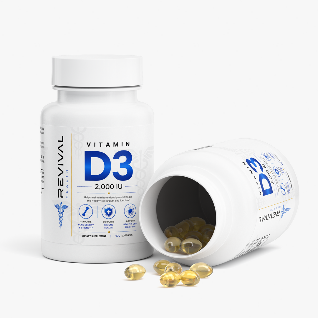 two Vitamin D3 bottle on white background with softgels