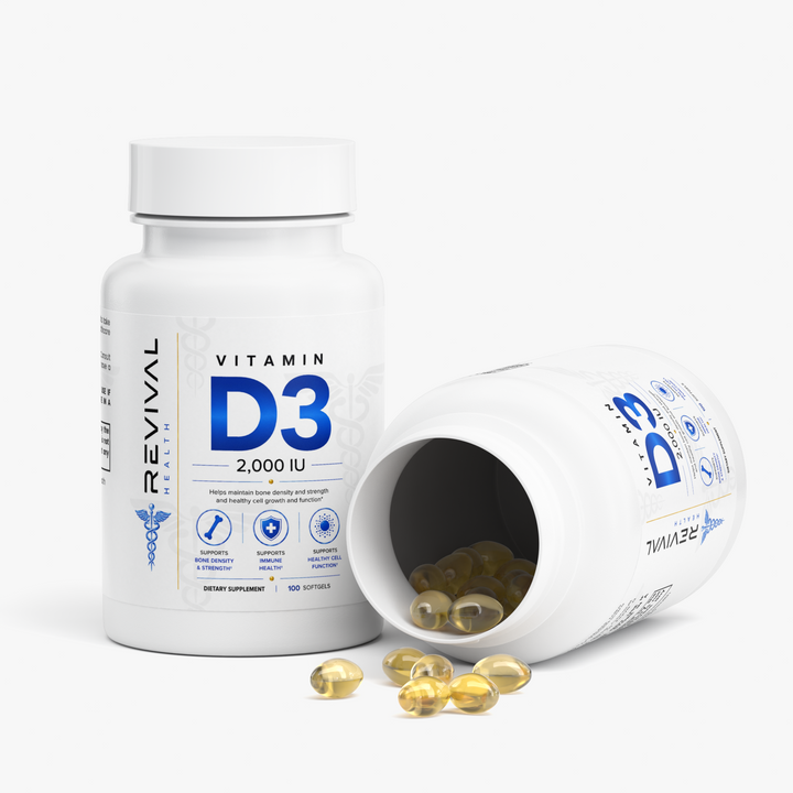 two Vitamin D3 bottle on white background with softgels
