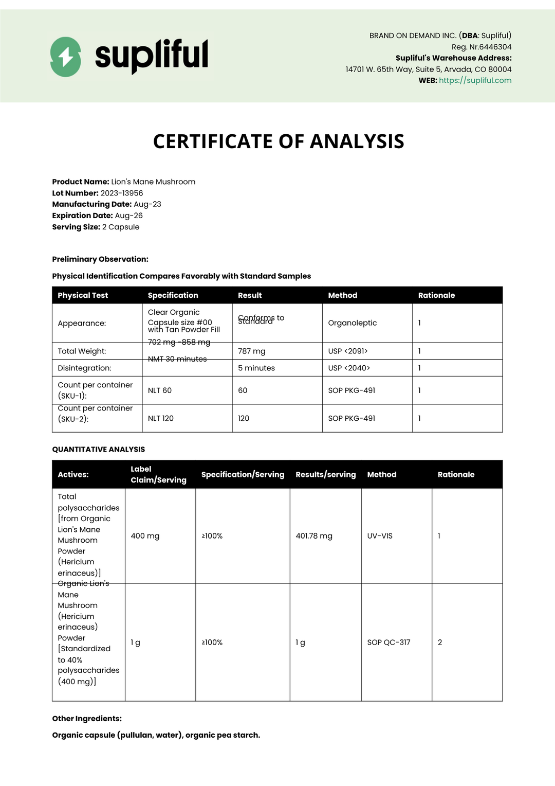 Supliful Certificate of Analysis document for a dietary supplement