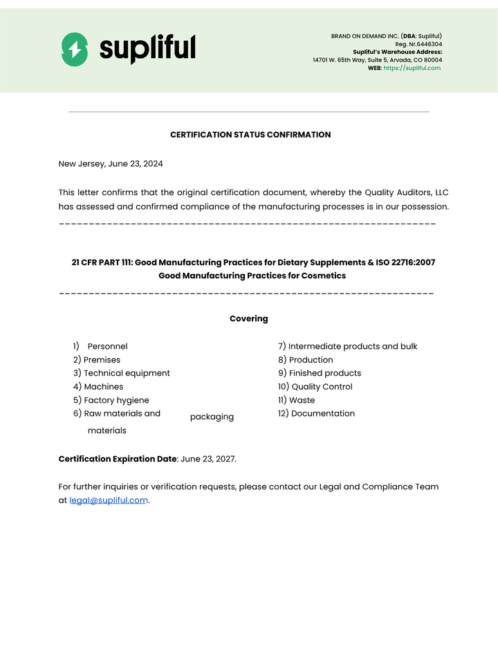 Supliful certification status confirmation letter on a white background