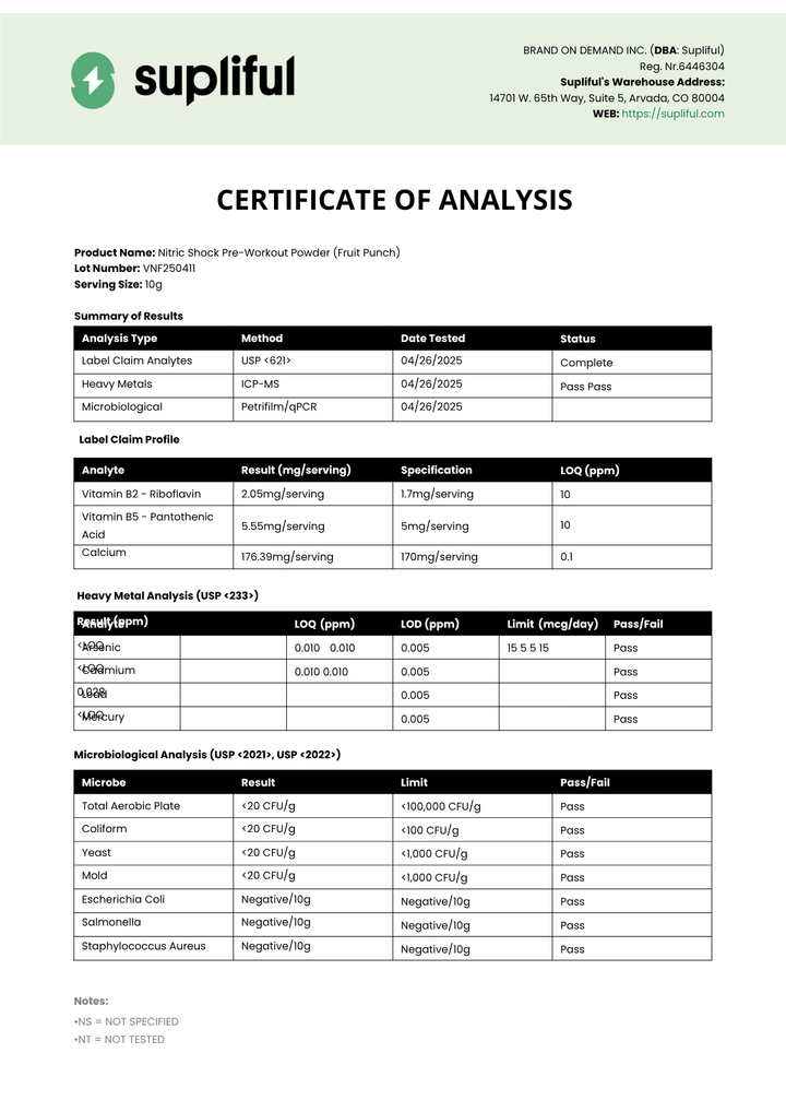 Supliful certificate of analysis for a supplement product