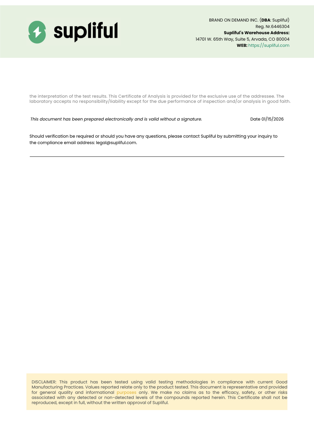 Certificate of Analysis from Supliful with branding and text on a white background
