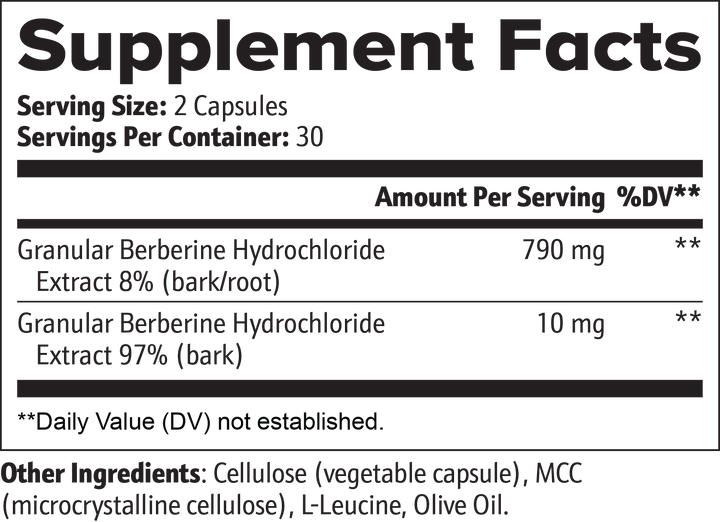 Supplement facts label for a product containing Berberine Hydrochloride with serving size and container details.