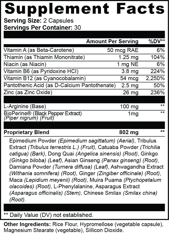 Supplement facts label with detailed nutritional information on a black background