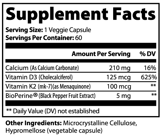 Supplement facts label with detailed nutritional information on a white background