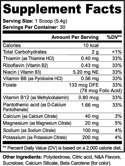 Supplement facts label with detailed nutritional information on a white background