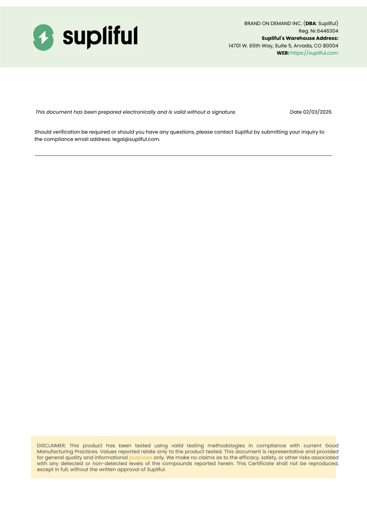 Supliful document with contact information and text on a white background