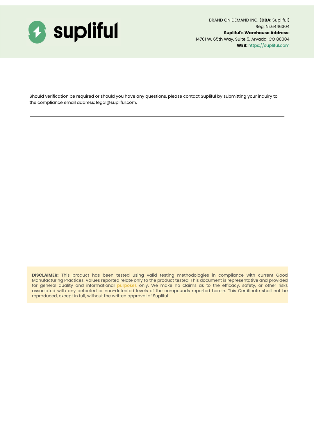 Supliful document with contact information and disclaimer on a white background