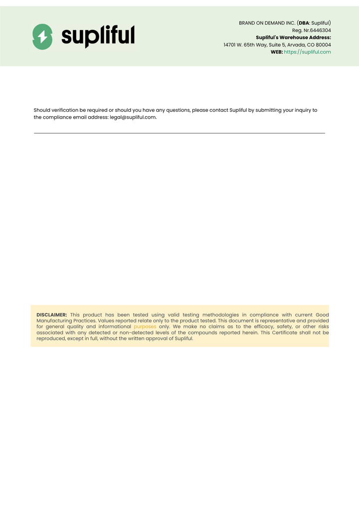 Supliful document with contact information and disclaimer on a white background