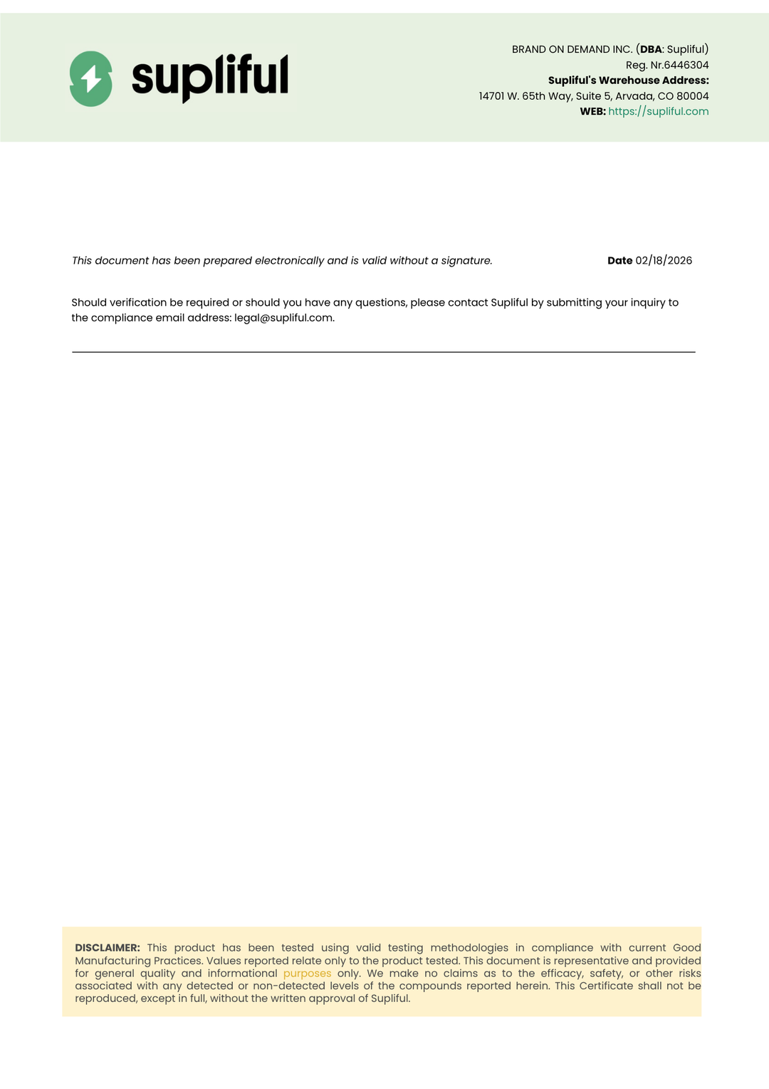 Supliful document with branding and contact information on a white background