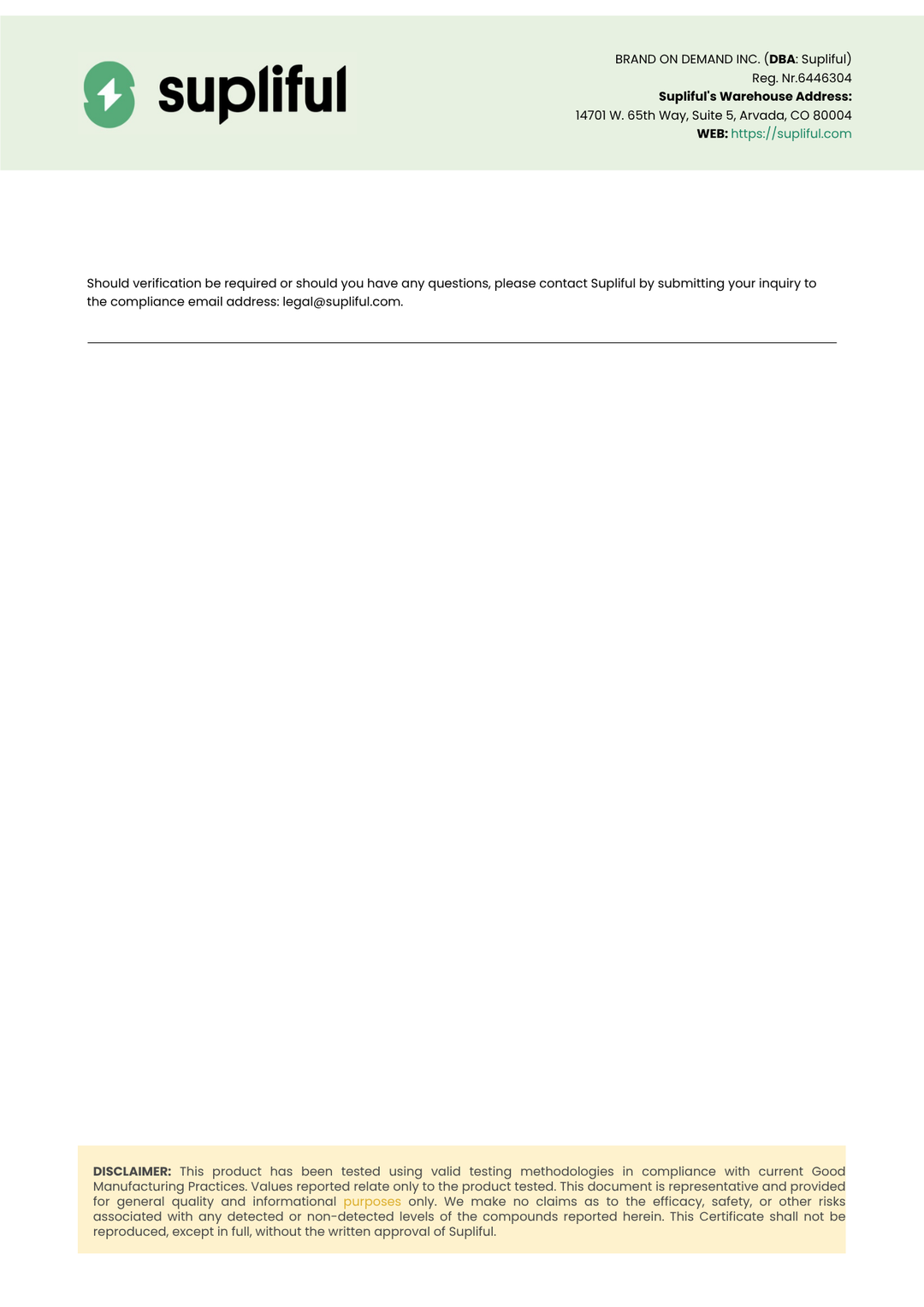 Supliful document with contact information and disclaimer on a white background