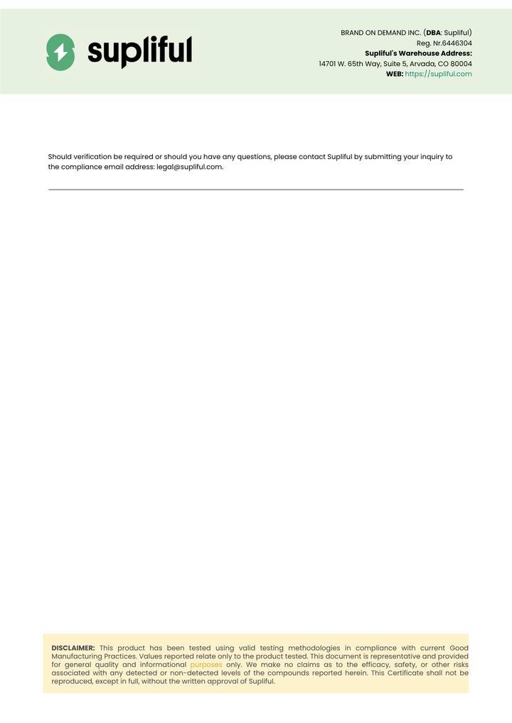 Supliful document with contact information and disclaimer on a white background