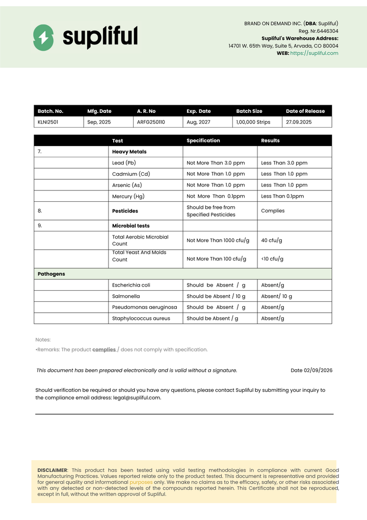 Supliful product quality control document with specifications and results.