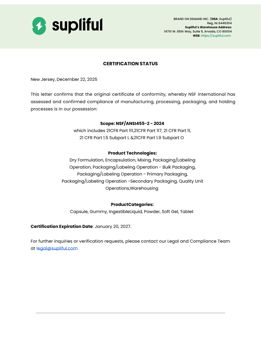 Supliful certification status document with green header and white background