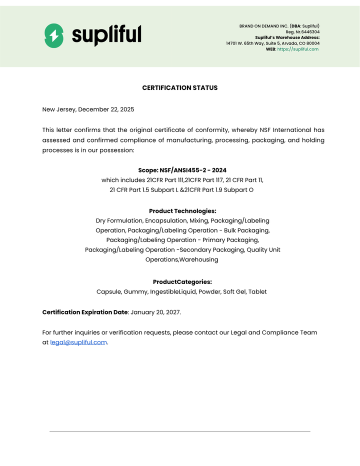 Supliful certification status document with green header and white background