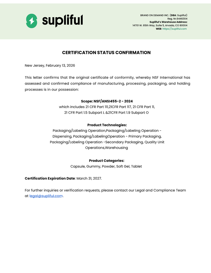 Supliful certification status confirmation document on a white background