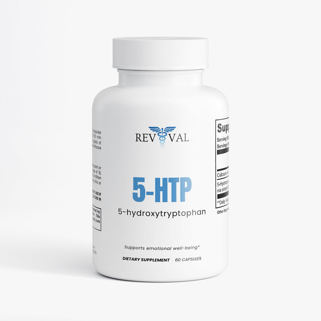 Supplement bottle labeled '5-HTP' by Revival on a white background
