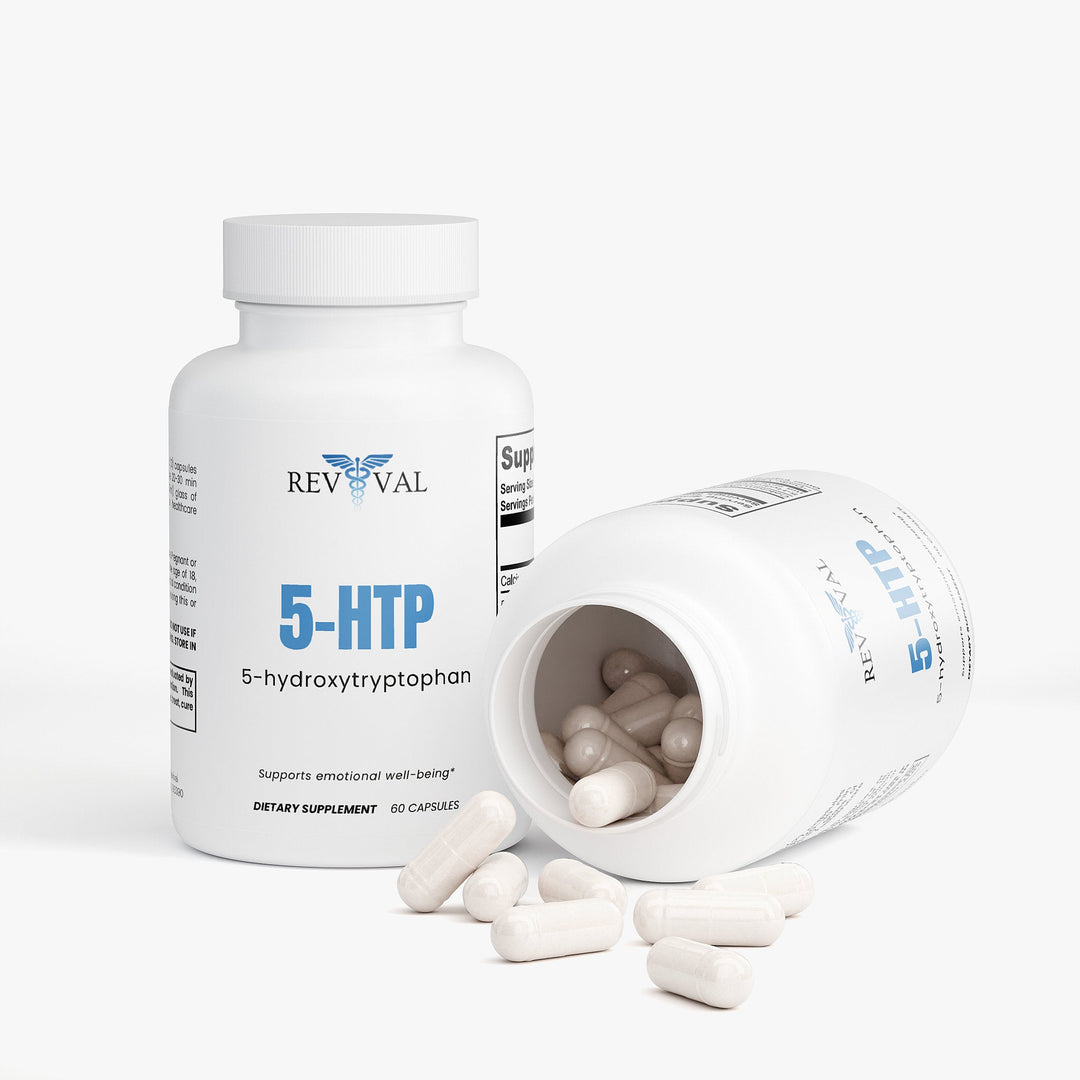 Revival 5-HTP dietary supplement bottle with open cap showing pills on a white background