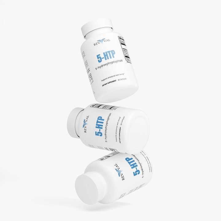 Three bottles of 5-HTP supplement on a white background