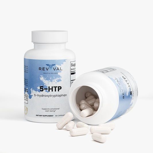 Supplement bottle labeled '5-HTP' with open cap showing capsules on a white background