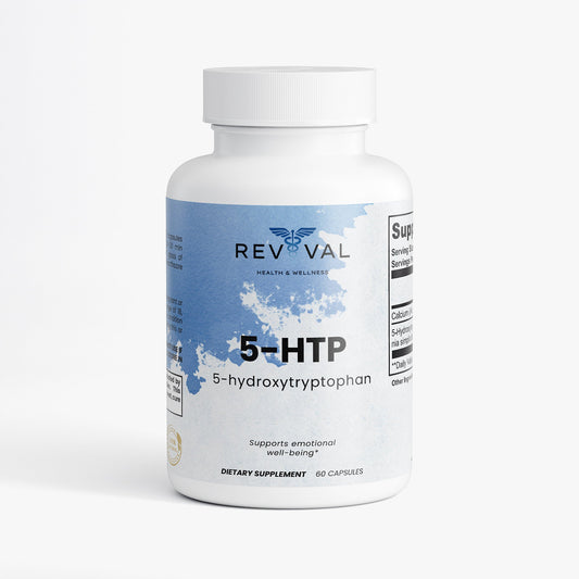 Supplement bottle labeled '5-HTP' by Revival on a white background