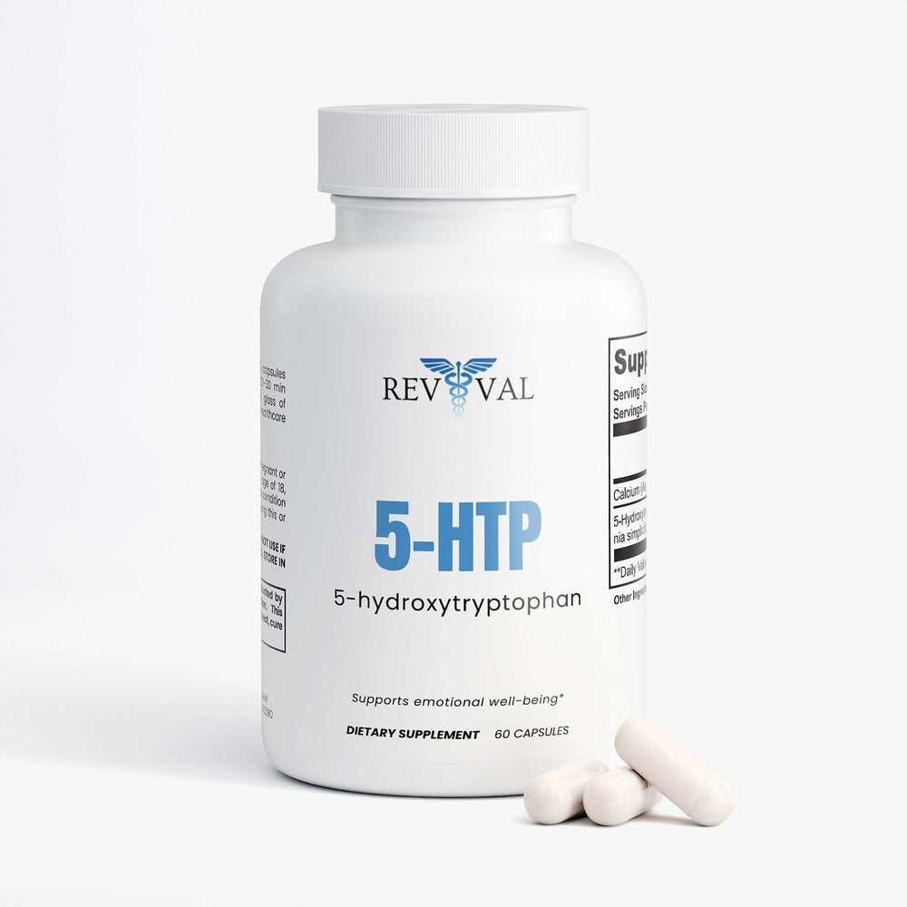 Supplement bottle labeled '5-HTP' withRevival logo on a white background