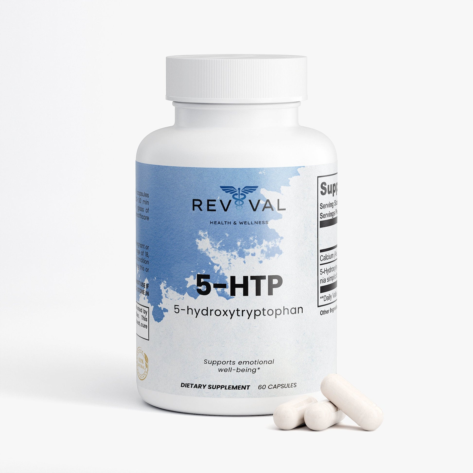 Supplement bottle labeled '5-HTP' by Revival on a white background