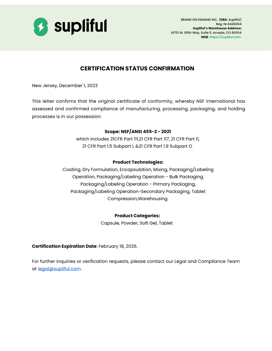 Supliful certification status confirmation document with logo and text.