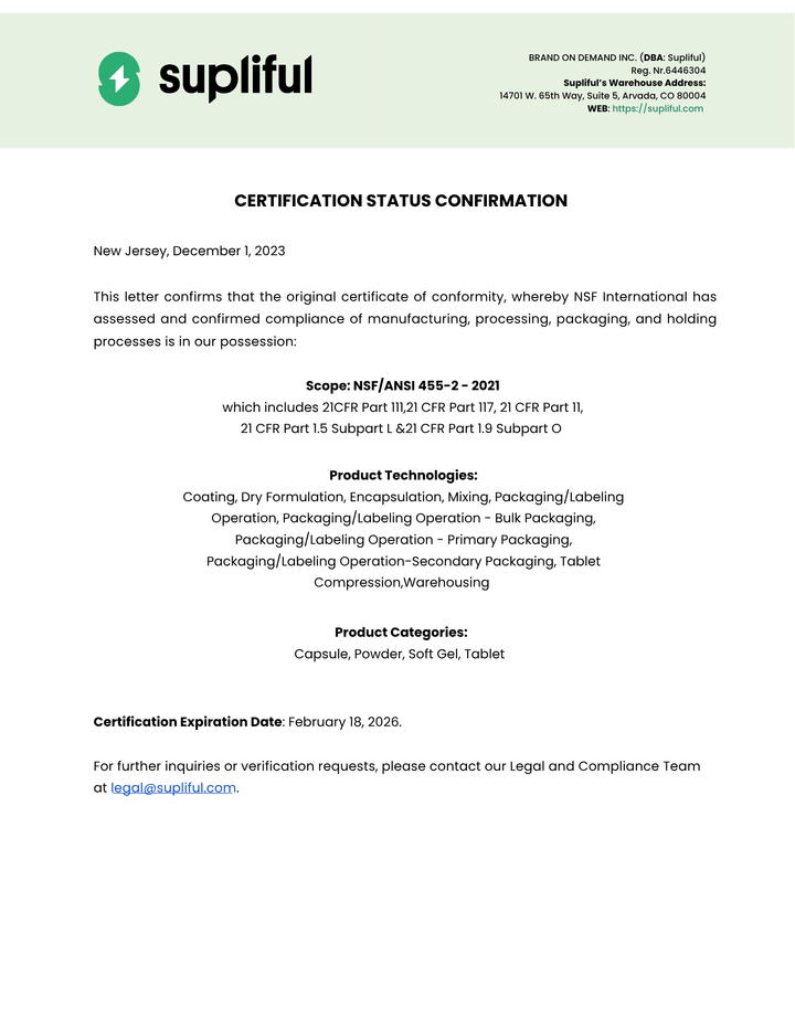Supliful certification status confirmation document with logo and text.