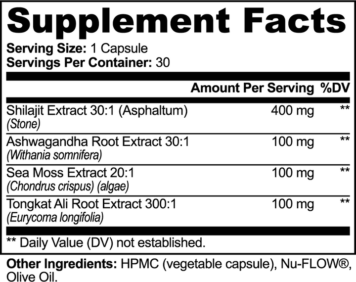 Supplement facts label with various extracts and their amounts per serving