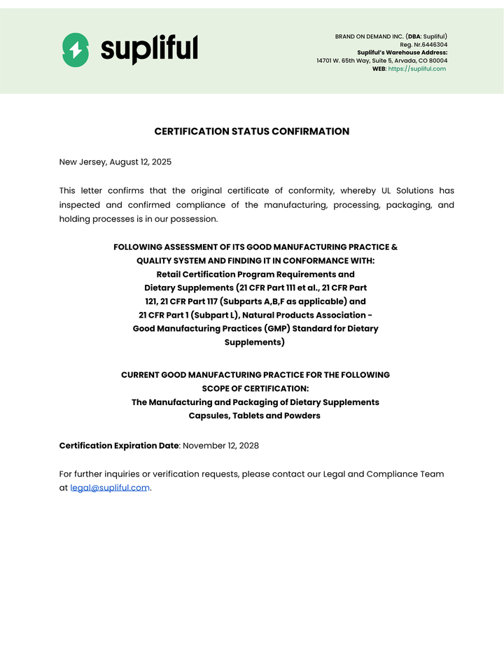 Supliful certification status confirmation letter on a white background