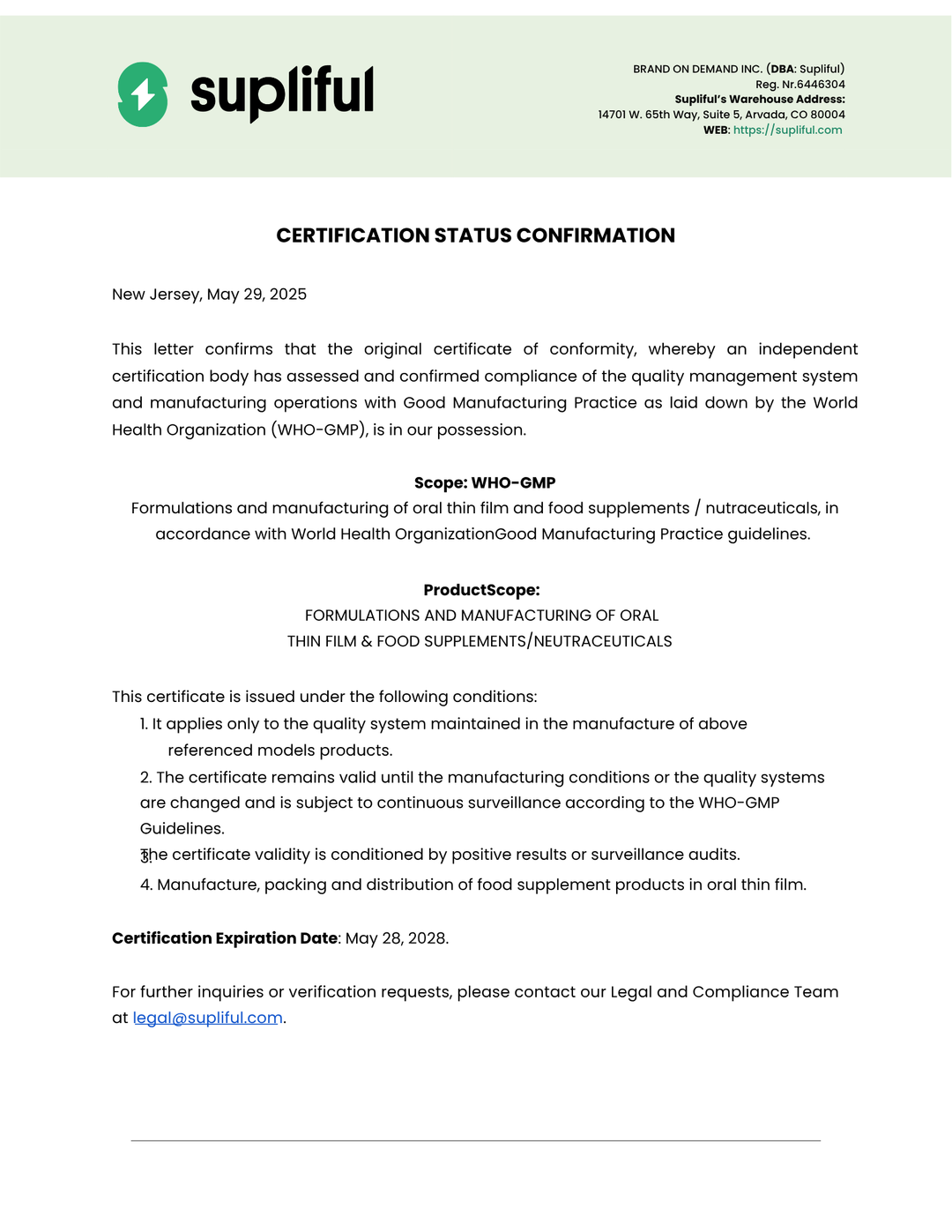 Supliful certification status confirmation letter on a white background