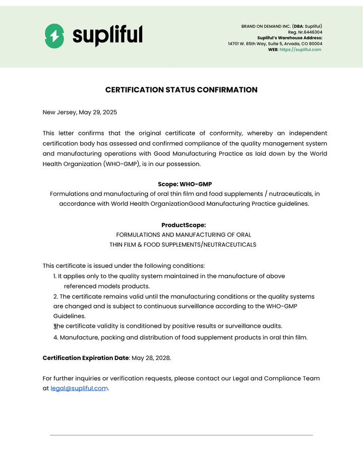 Supliful certification status confirmation letter on a white background