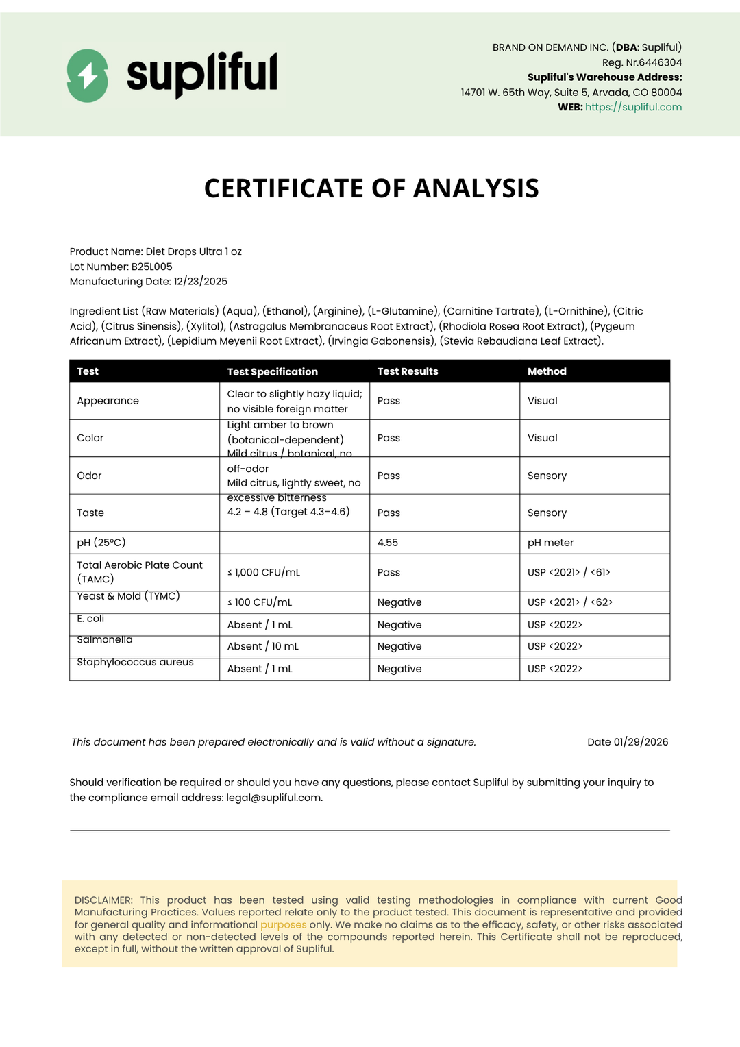 Certificate of Analysis from Supliful with product details and test results.