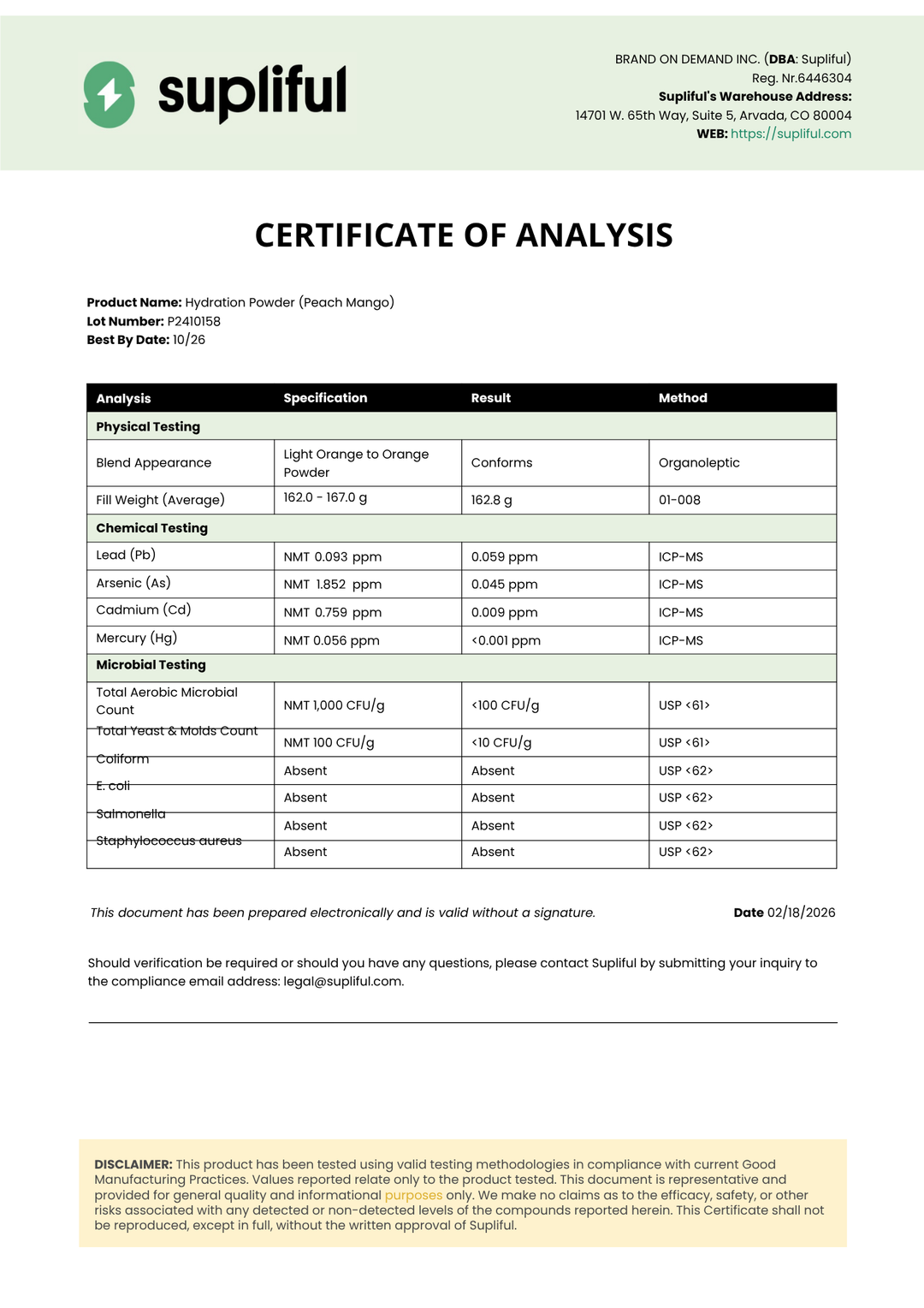 Supliful certificate of analysis for a protein powder product.
