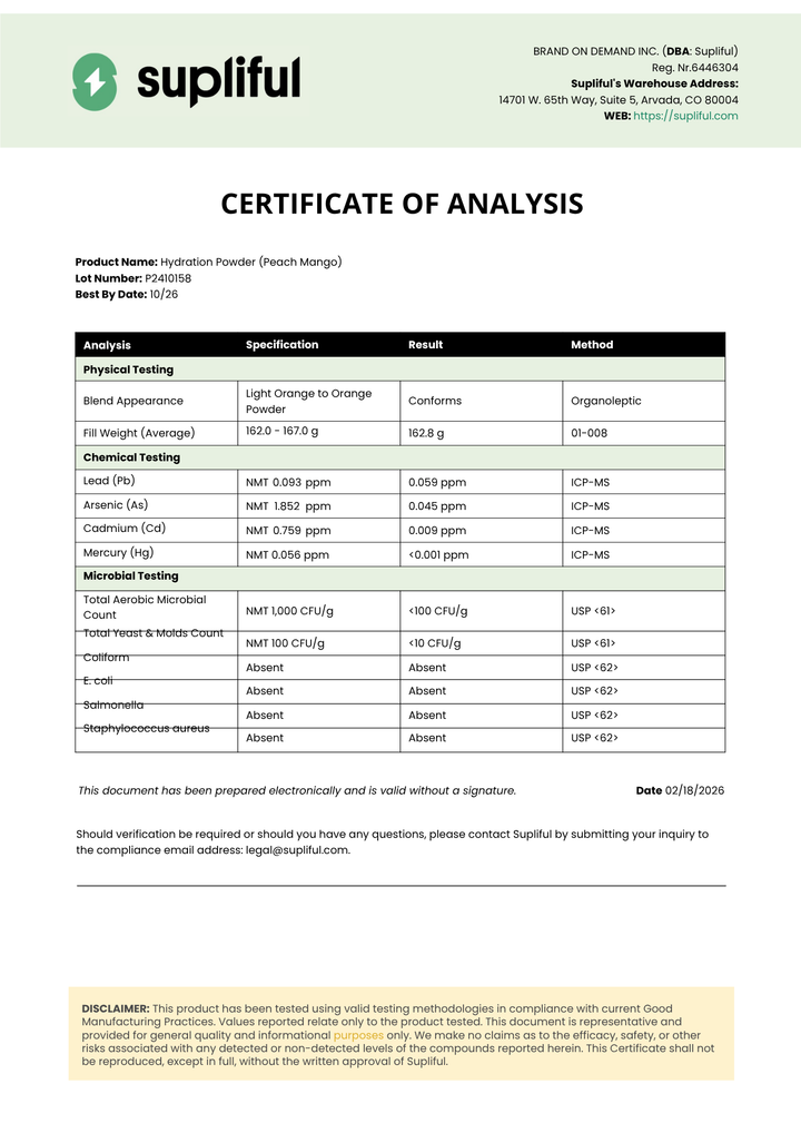 Supliful certificate of analysis for a protein powder product.