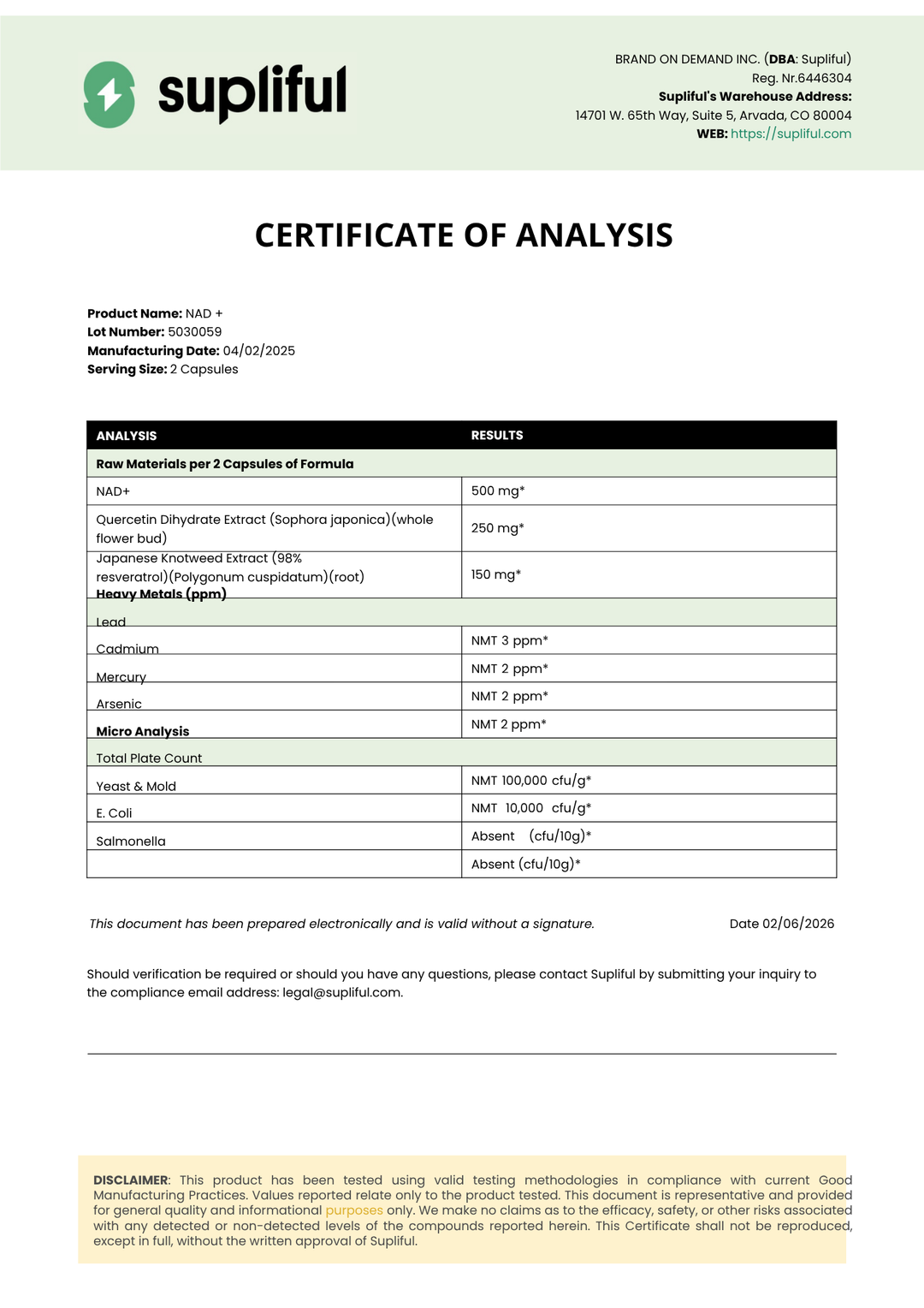 Supliful Certificate of Analysis document with product details and analysis results.