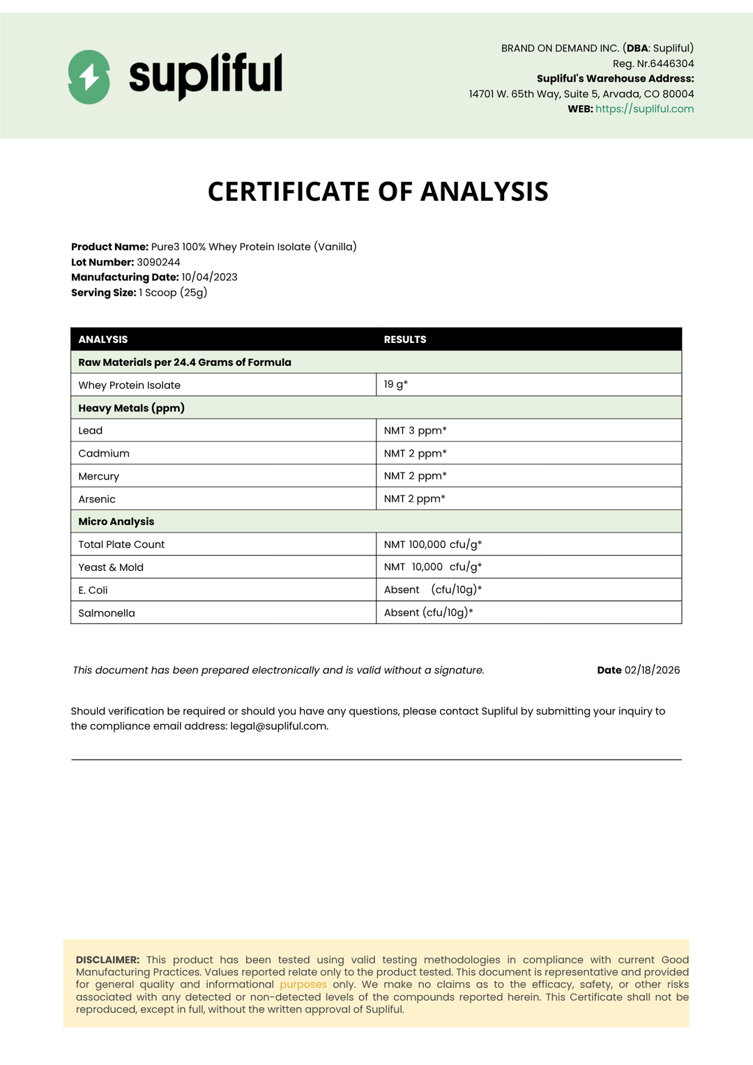 Supliful Certificate of Analysis for a protein product with various analytical results.