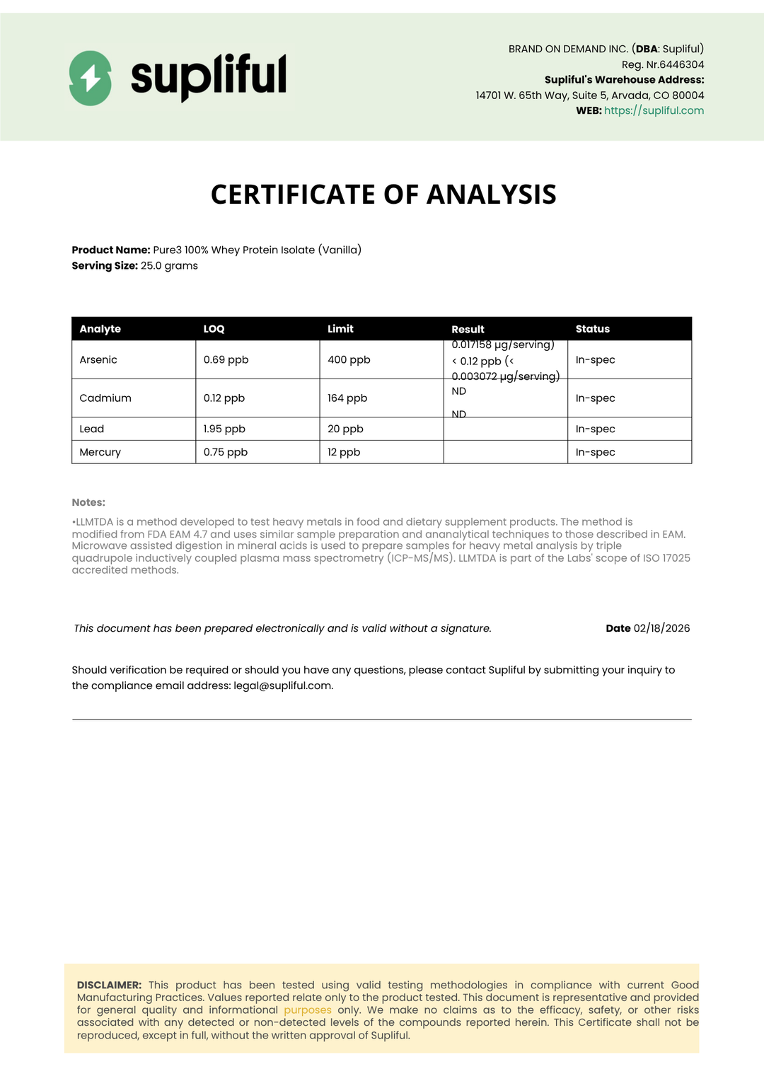 Certificate of Analysis for a protein product with Supliful branding.