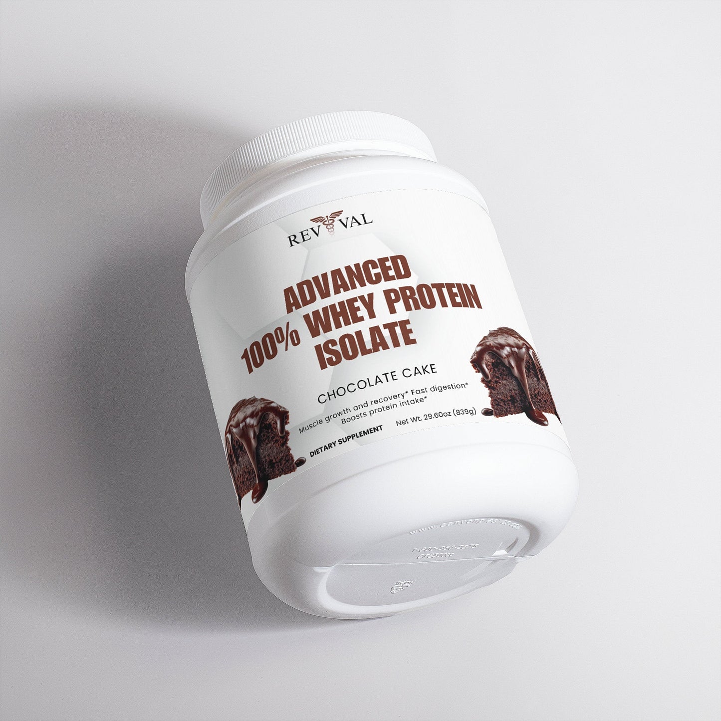 Container of Revival Advanced 100% Whey Protein Isolate in chocolate cake flavor on a light gray background