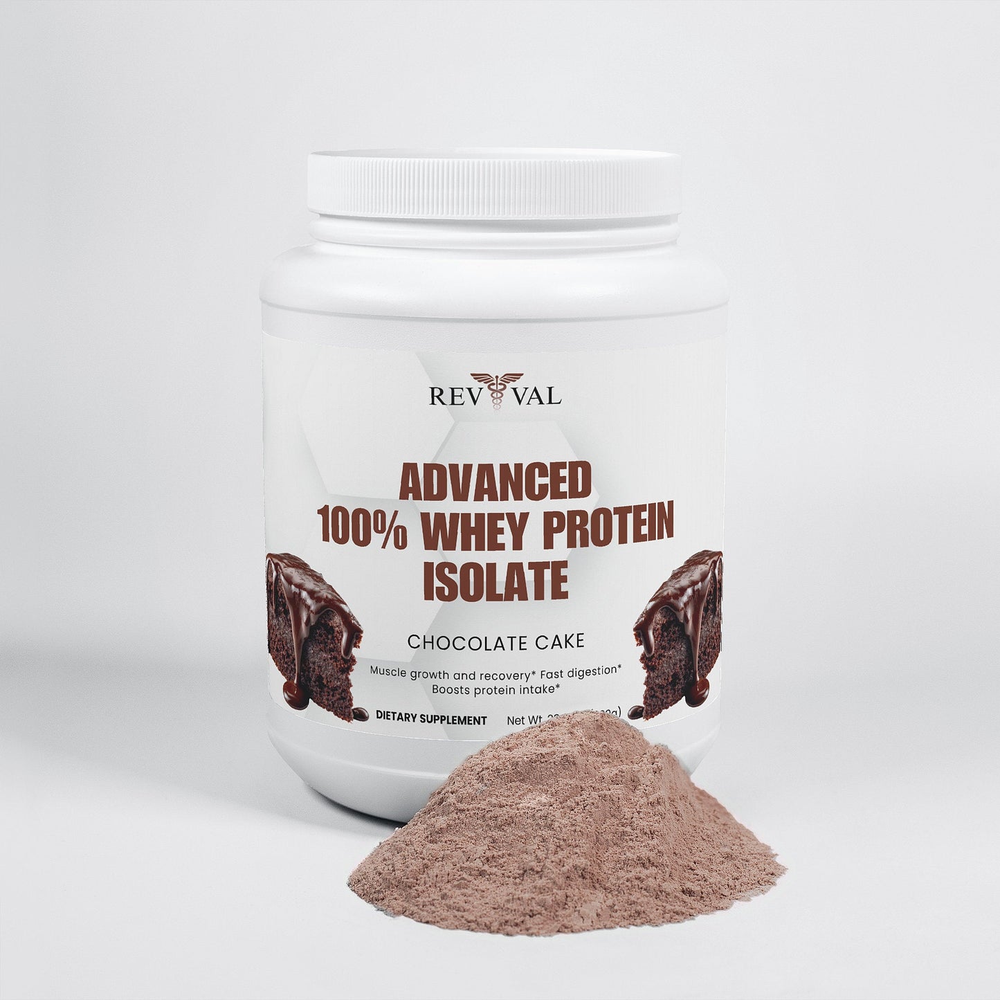 Revival Advanced 100% Whey Protein Isolate container with chocolate cake flavor on a white background