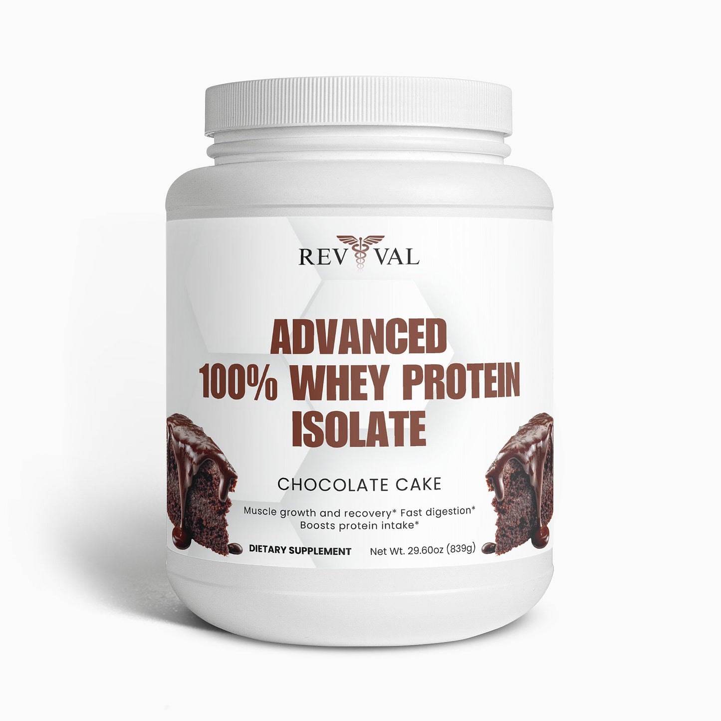 Rev Val Advanced 100% Whey Protein Isolate container with chocolate cake flavor on a white background