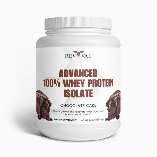 Rev Val Advanced 100% Whey Protein Isolate container with chocolate cake flavor on a white background