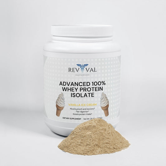 Advanced 100% Whey Protein Isolate (Vanilla), front bottle, powder