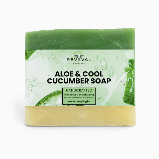 Aloe & Cool Cucumber soap bar with Revival Skincare label on a white background