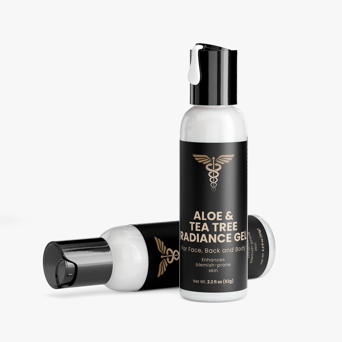 Aloe and tea tree radiance gel bottle on a white background