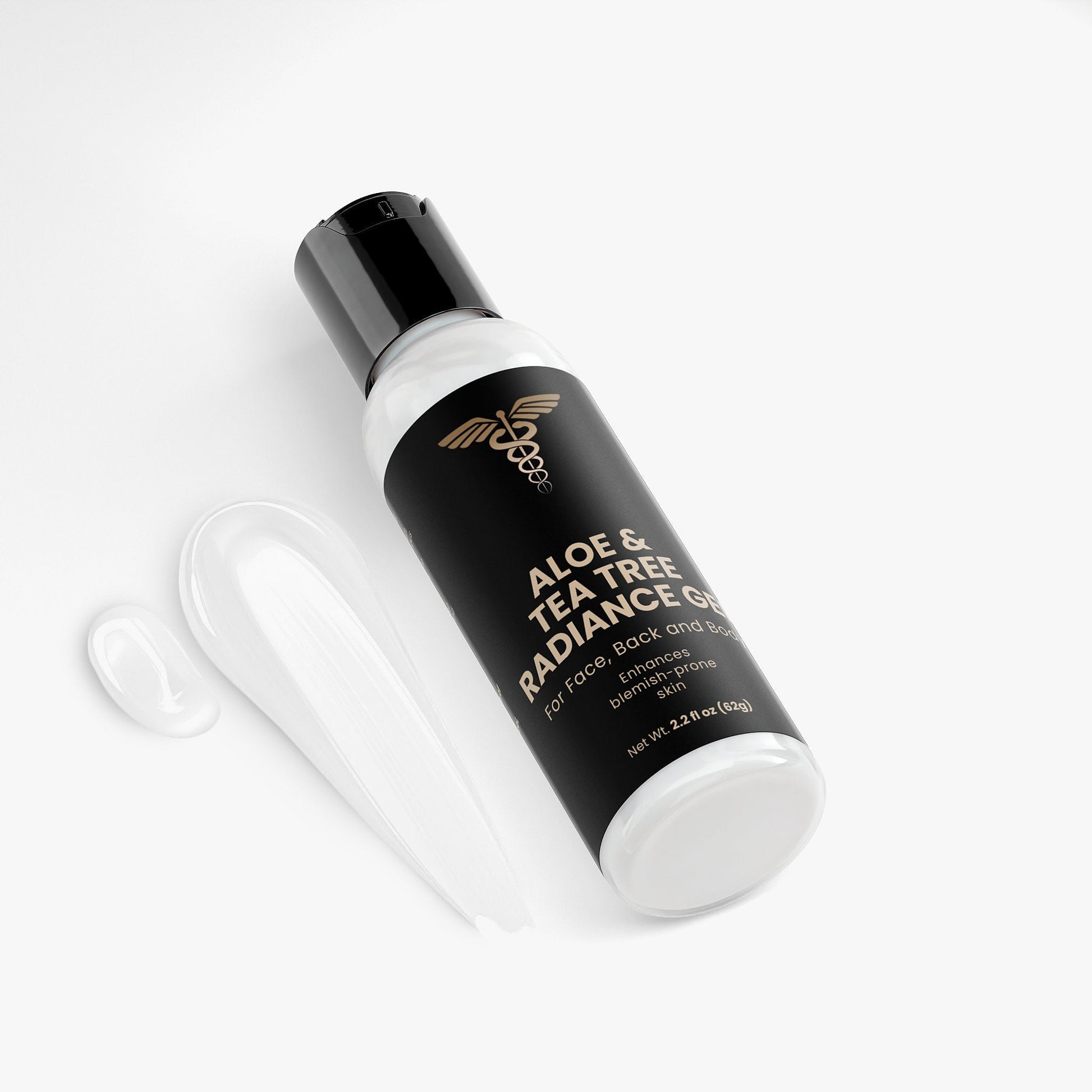 Aloe and tea tree radiance gel bottle with black label on a white background
