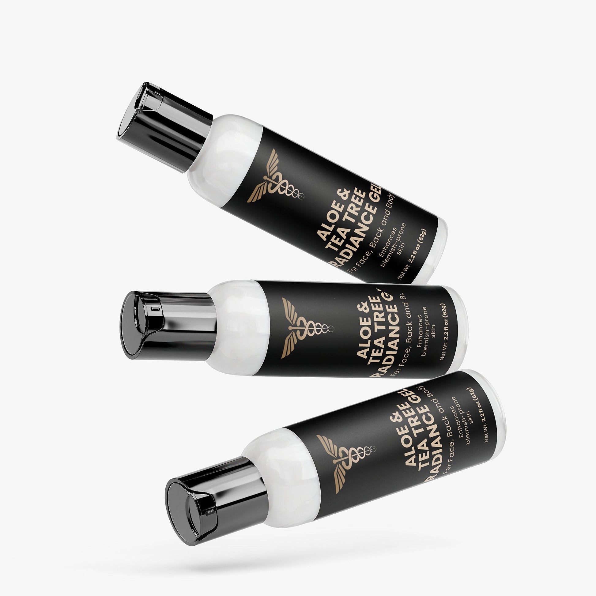 Three bottles of aloe vera and tea tree radiance gel on a white background