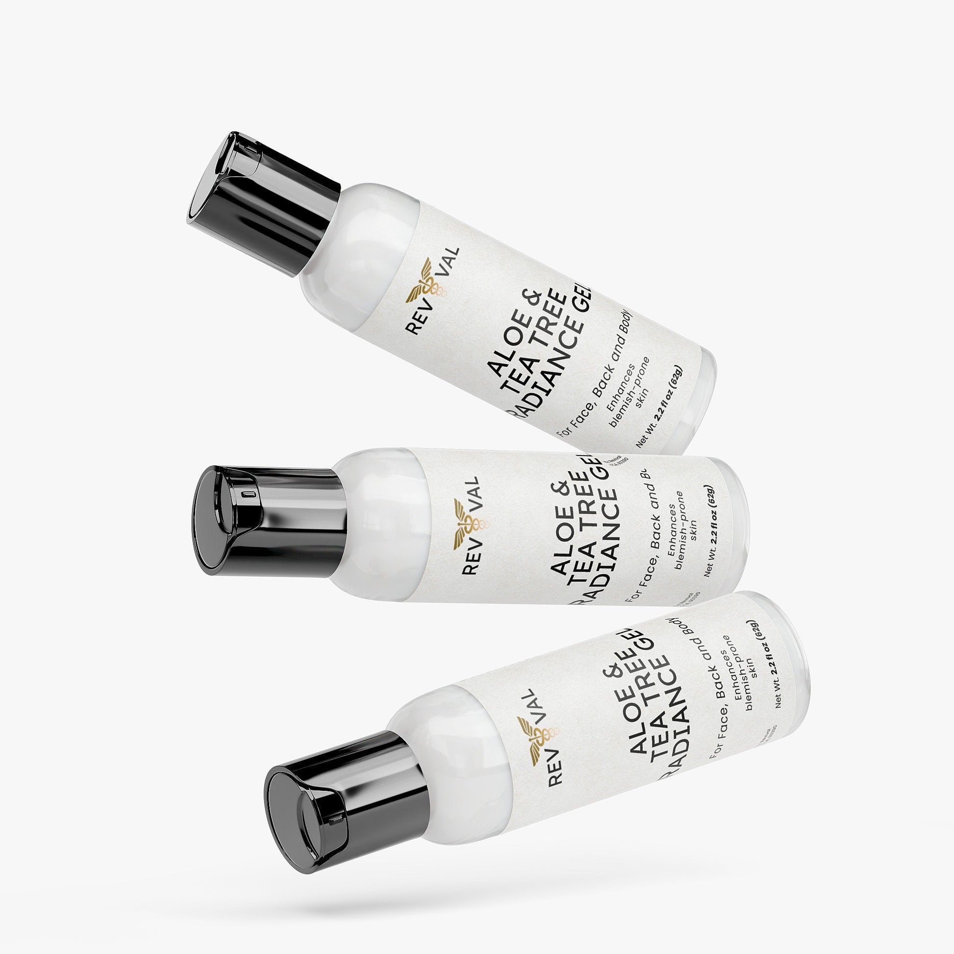 Three Reviva aloe vera and tea tree oil products on a white background