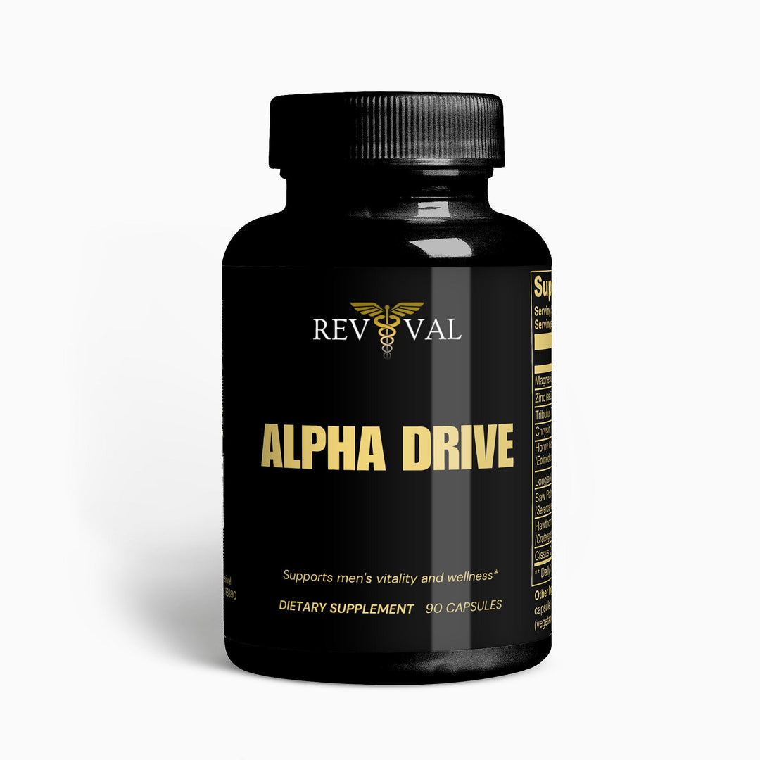 Black supplement bottle labeled 'Alpha Drive' by Rev Val on a white background